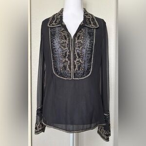 Emma Black Gray 100% Silk Beaded V Neck Blouse Top Size 4 Evening Sheer Side Zip